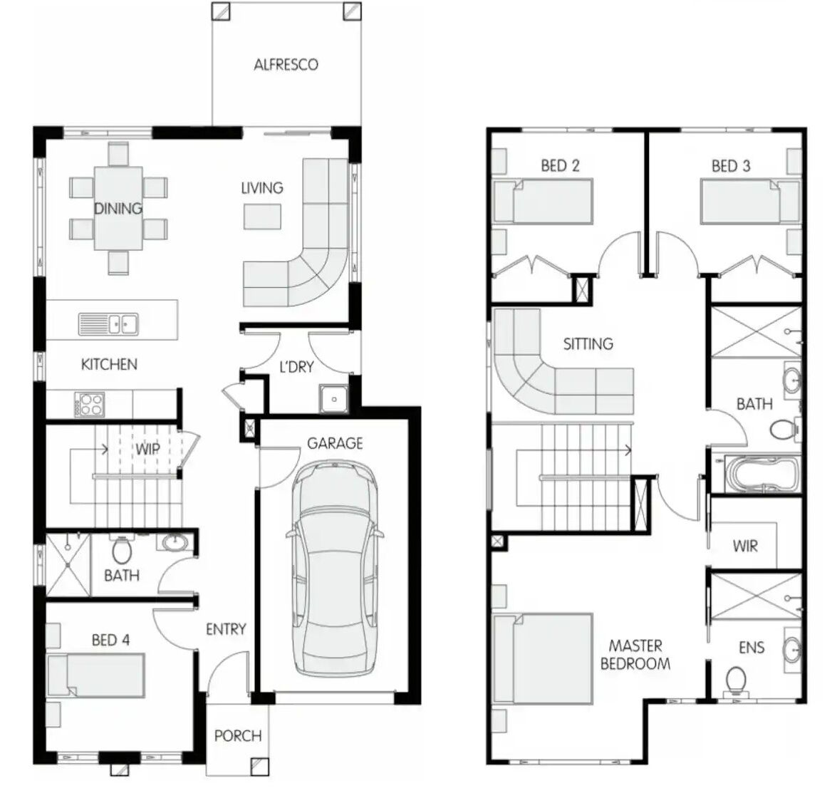 Un plan d’étage comprenant un espace repas, une cuisine, un salon, un garage et plusieurs chambres.
