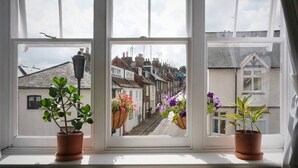 A window with three potted plants and a view of a street with buildings. - Fantastic 2BD Victorian Apt - 4 adults and 1 child (East Sussex)