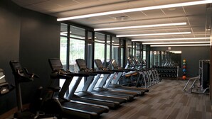 A gym with multiple treadmills lined up against a wall with large windows, a weight rack, and exercise balls.