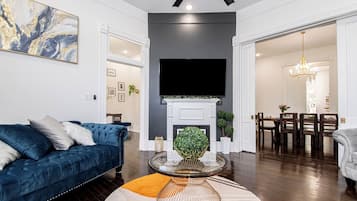 Smart TV, fireplace, table tennis, books