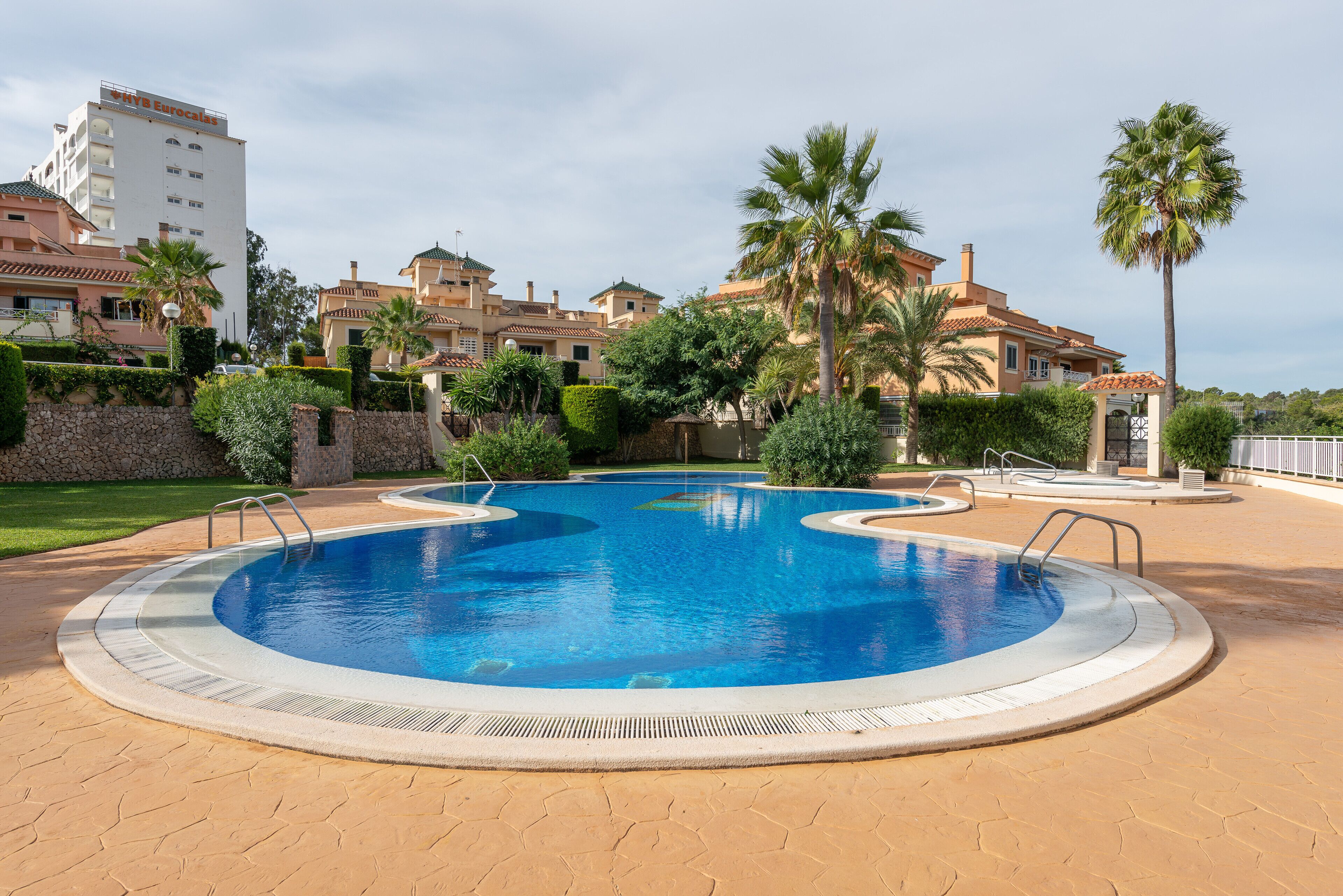 Una piscina amb un marc de pedra, envoltada de palmeres i una paret de pedra.