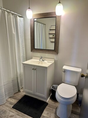 Sèche-cheveux, serviettes fournies, savon, shampoing