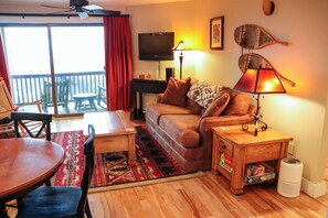 テレビ、暖炉、書庫