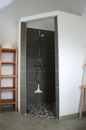 Shower, hair dryer, towels