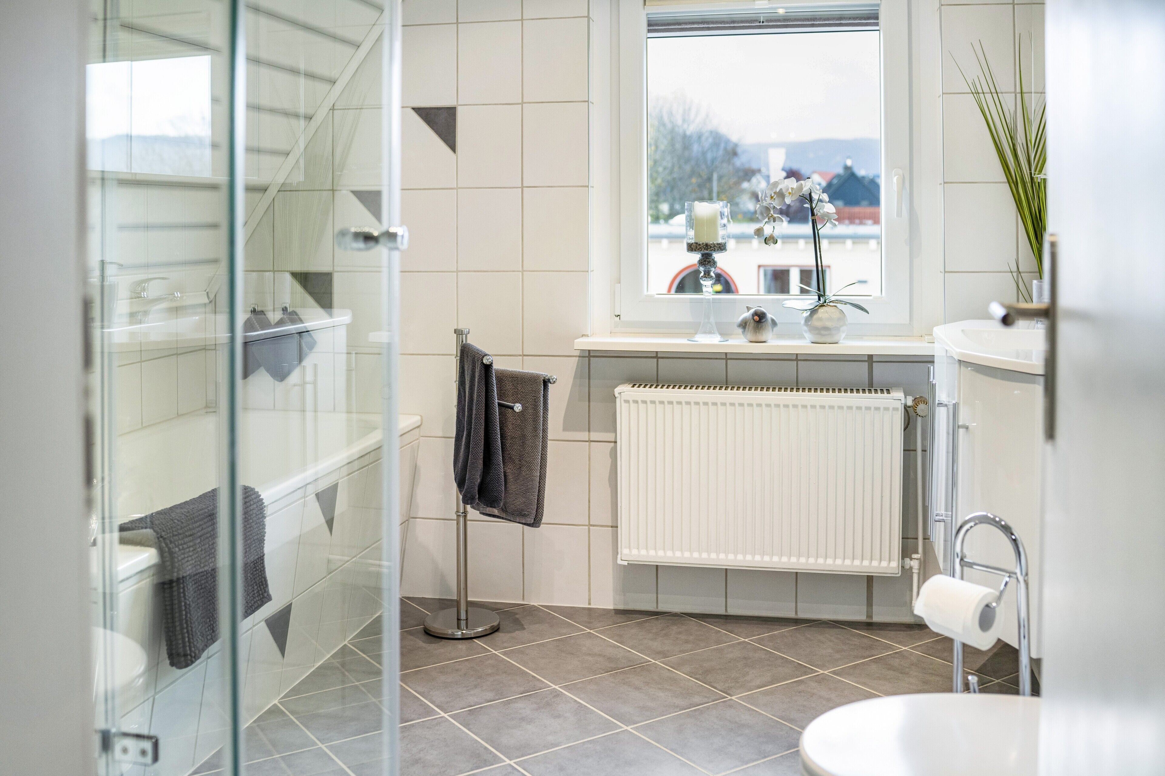 Shower, hair dryer, towels