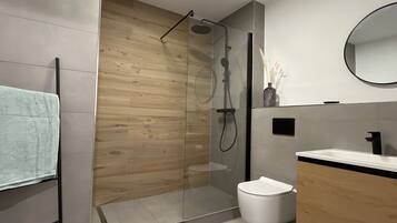 Shower, free toiletries, hair dryer, towels