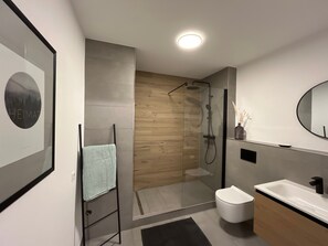 Dusch, gratis toalettartiklar, hårtork och handdukar