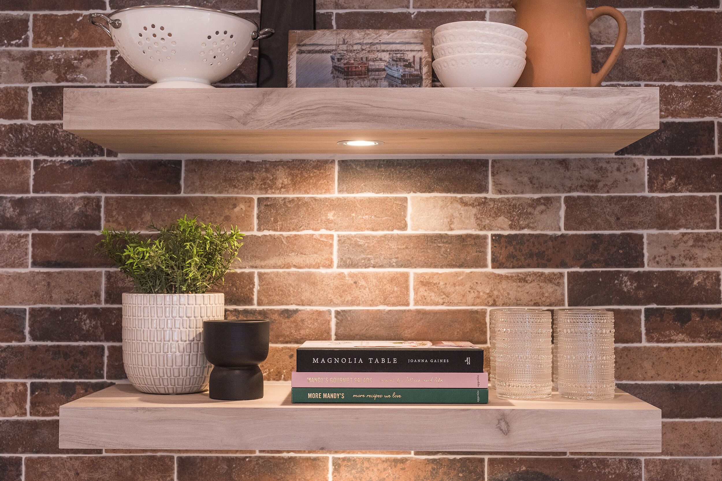 A shelf with a plant, books, and decorative items against a brick wall.