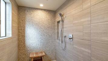 Shower, hair dryer, shampoo