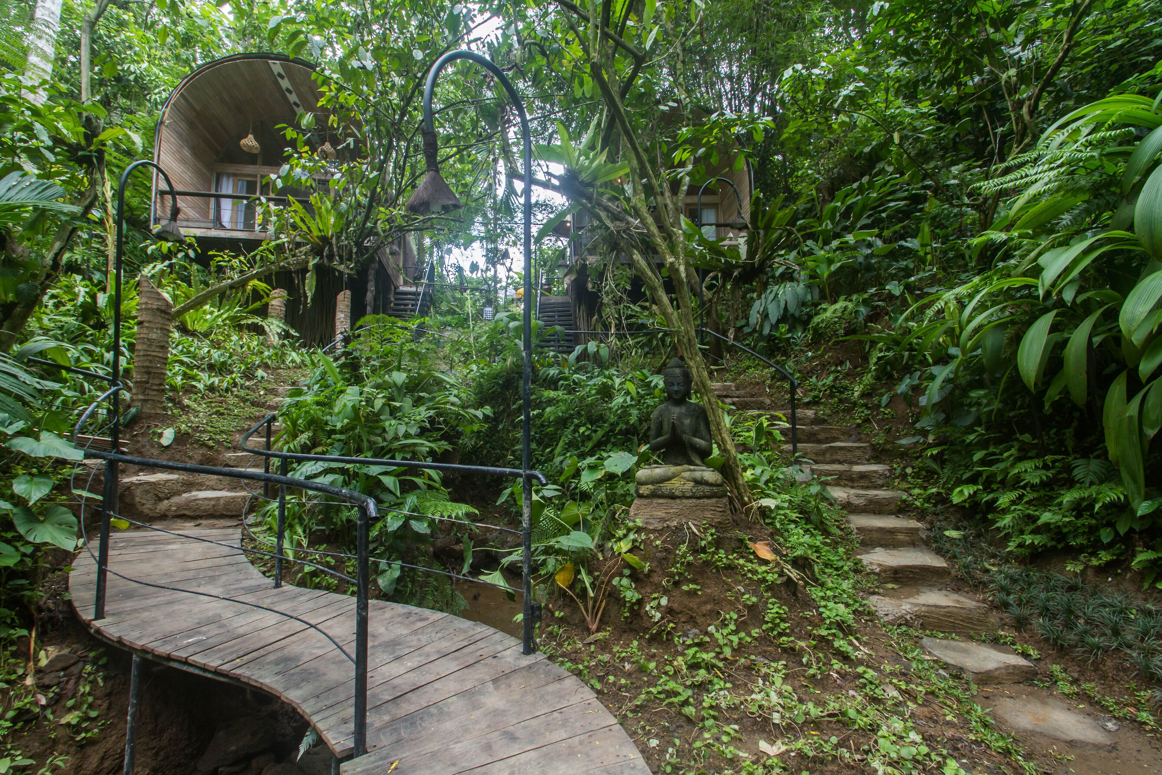 A wooden bridge leading to a circular wooden structure surrounded by lush greenery and stone steps.