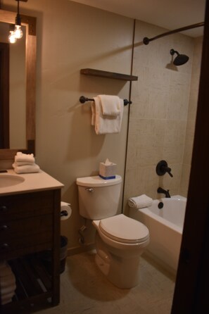 Hair dryer, towels, soap, shampoo