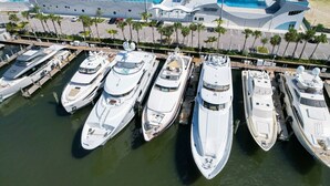 A marina with several yachts docked in a row, a building labeled "Fort Lauderdale Aquatic Center" in the background, and palm trees lining the dock. - Stonehedge at Sea (Fort Lauderdale)