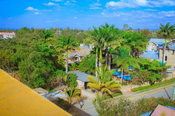 A residential area with houses surrounded by lush greenery and palm trees.