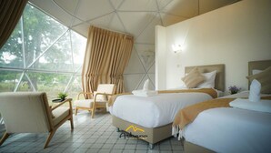 Een moderne, ruime kamer met een groot raam, een comfortabele fauteuil, twee bedden en een plantentafel.