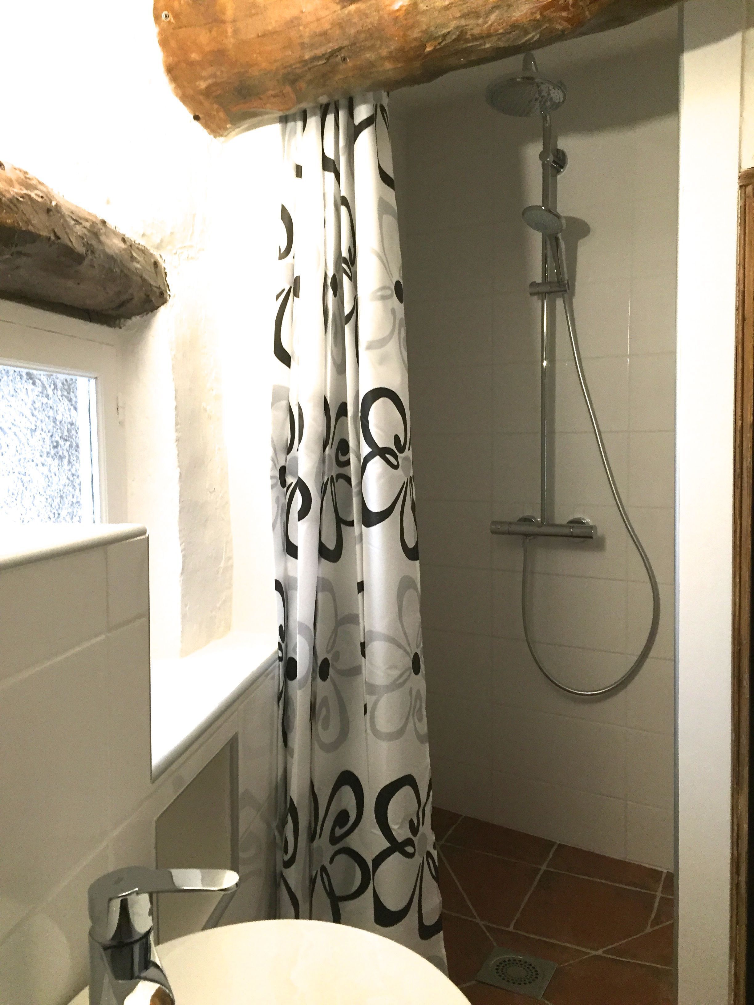 A bathroom with a shower, a toilet, and a window.