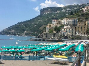 On the beach, sun-loungers, beach towels