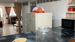 Une cuisine moderne dotée d’un plan de travail en marbre, d’un réfrigérateur et d’un four à micro-ondes.
