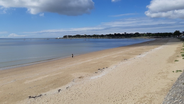 A wide sandy beach with calm waters, a clear sky, and distant buildings.
