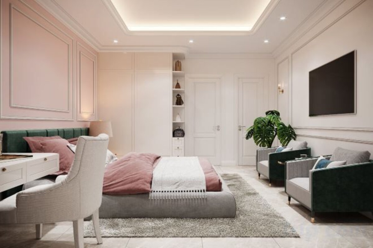 Un dormitorio moderno con una cama, un escritorio, una silla, un sofá y un televisor.