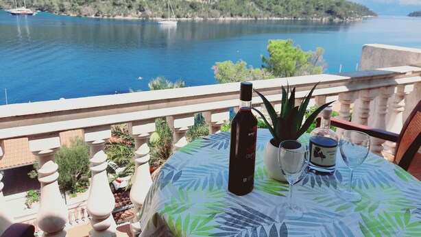A balcony with a table set for two, overlooking a body of water and a forested hill. - Apartments Sponga (Mljet)
