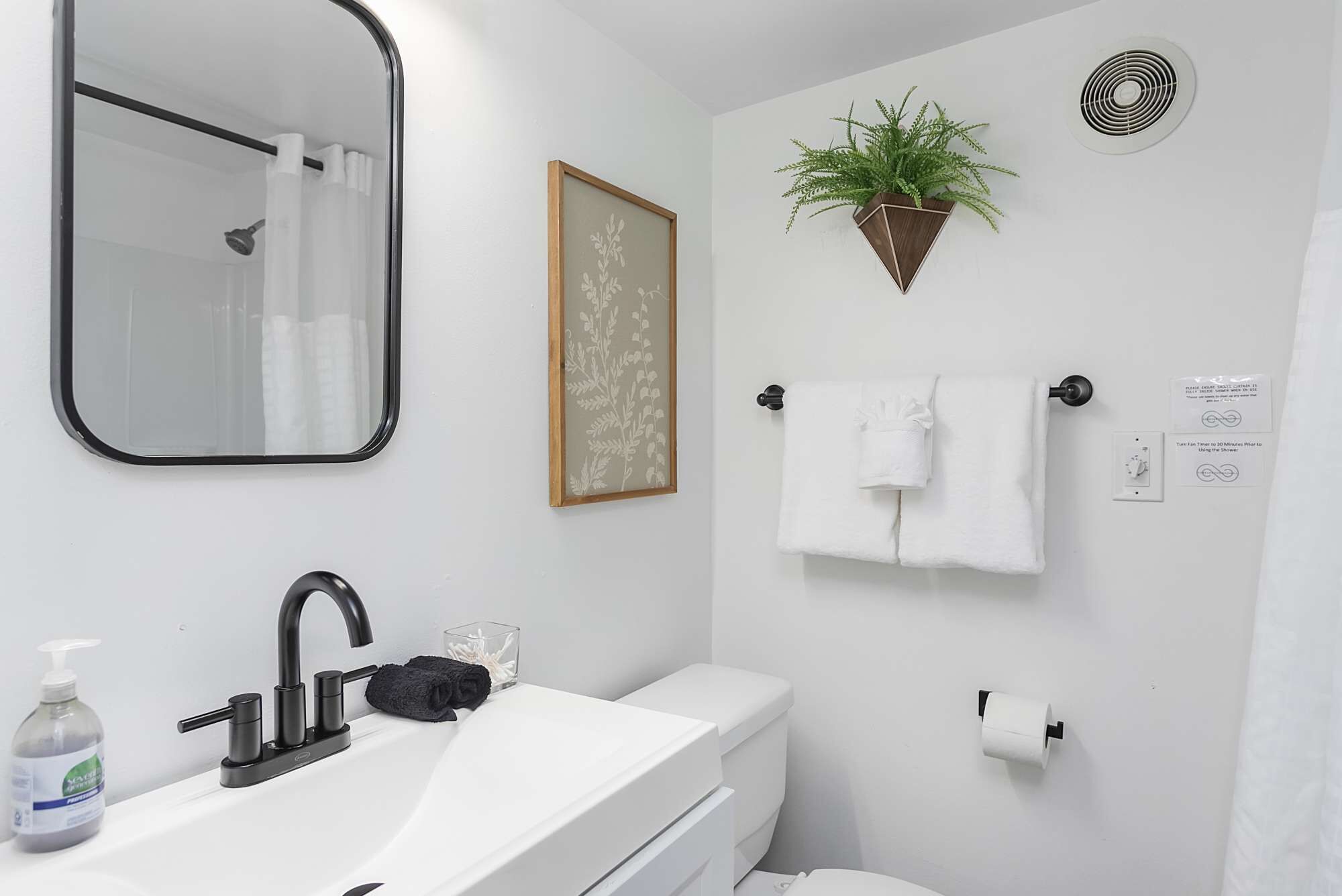 Un baño moderno con un lavabo blanco, grifo negro y un espejo con marco negro. Hay una obra de arte enmarcada en la pared, una planta en maceta y un perchero con toallas.