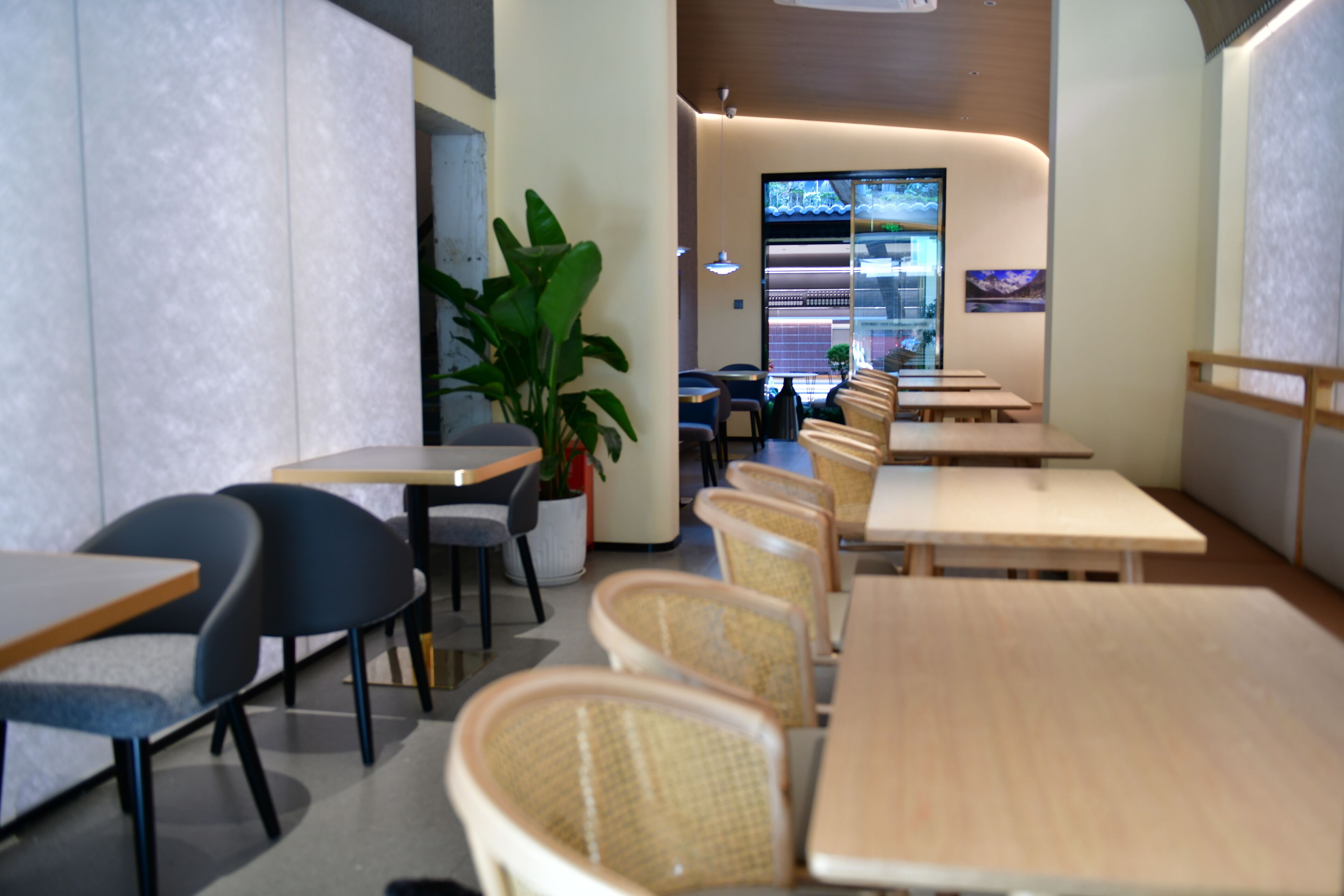 A modern restaurant interior with wooden tables and chairs, a potted plant, and a view of the kitchen through a glass wall.