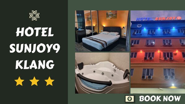 A hotel interior with a bed, a bathroom with a bathtub, and a view of the hotel building at night. - Hotel Sunjoy9 Klang (Klang)