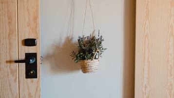 Una puerta de madera con un ojo de cerradura y una cerradura, una planta colgante pequeña y un interruptor de luz en la pared.
