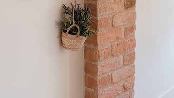 A corner with a woven bench, a hanging plant, and a brick wall.
