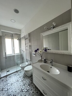 Douche, séchoir à cheveux, bidet, serviettes fournies