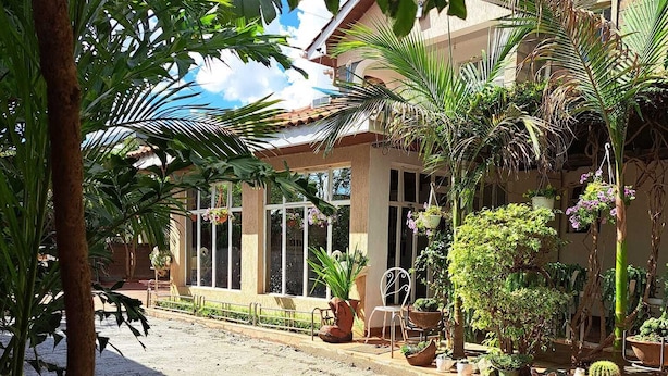 Una casa con entrada pavimentada, rodeada de plantas en macetas y follaje.