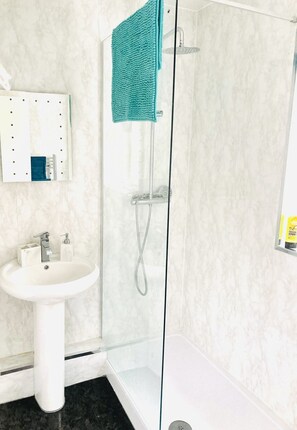 Shower, towels, soap, toilet paper