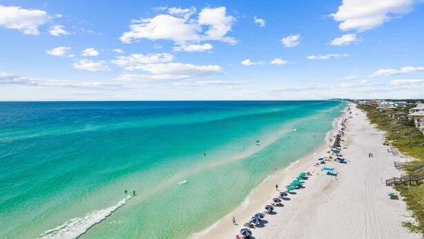 A beach with clear turquoise waters, a sandy shore, and a row of beach umbrellas. - AviaVista | Gulf Views, Steps to Private Beach (Santa Rosa Beach)