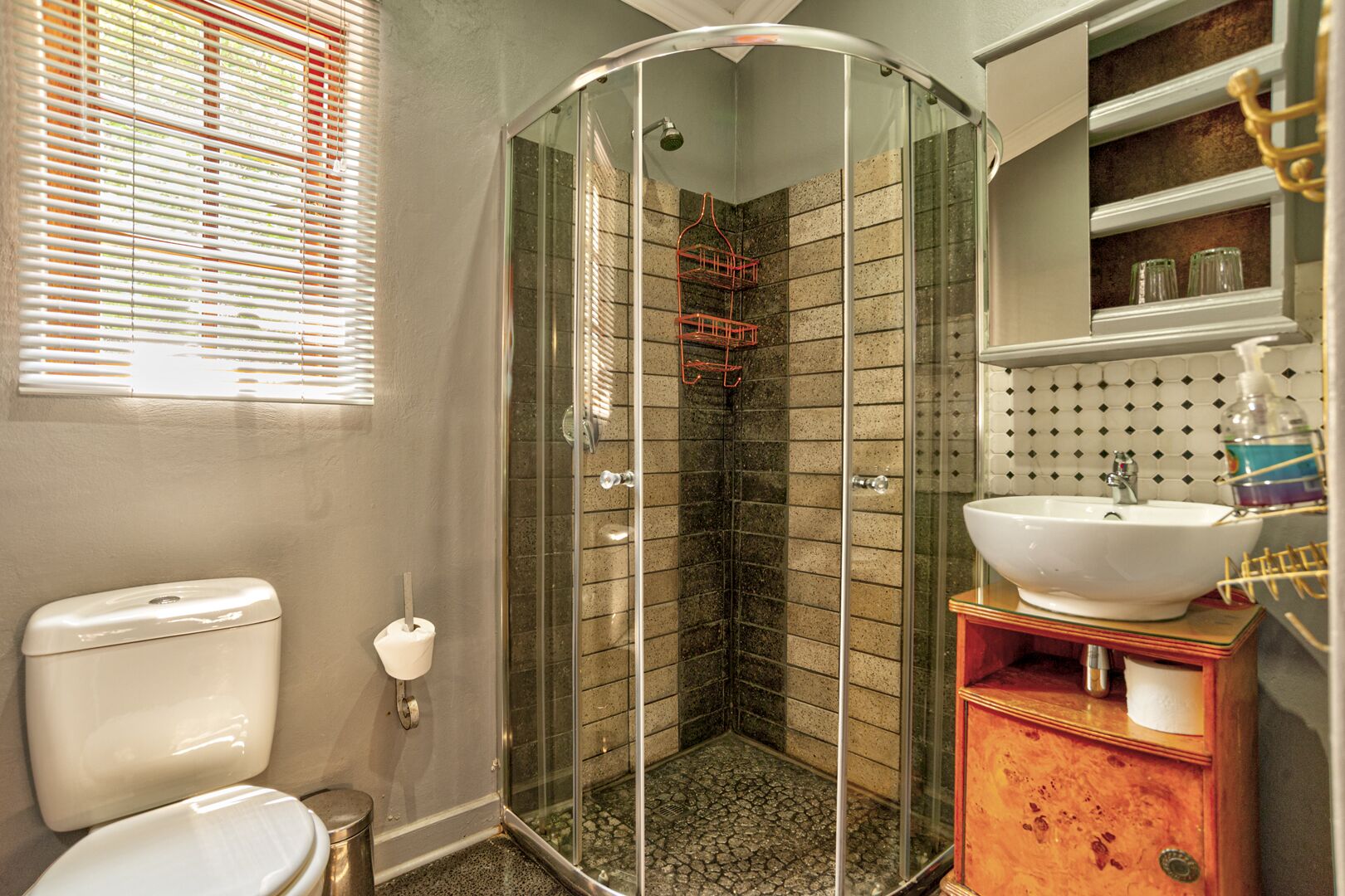Un bagno con doccia vetrata, un water bianco e un lavandino con uno specchio sopra.