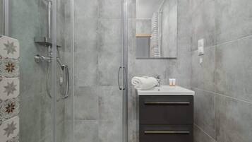 Shower, hair dryer, shampoo