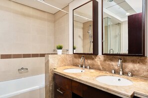 Hair dryer, bidet, towels, soap