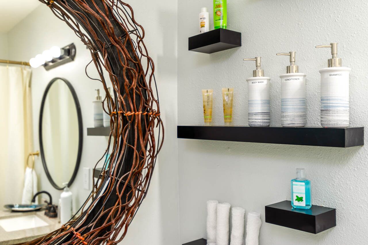 Hair dryer, towels, soap, toilet paper