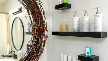 Hair dryer, towels, soap, toilet paper