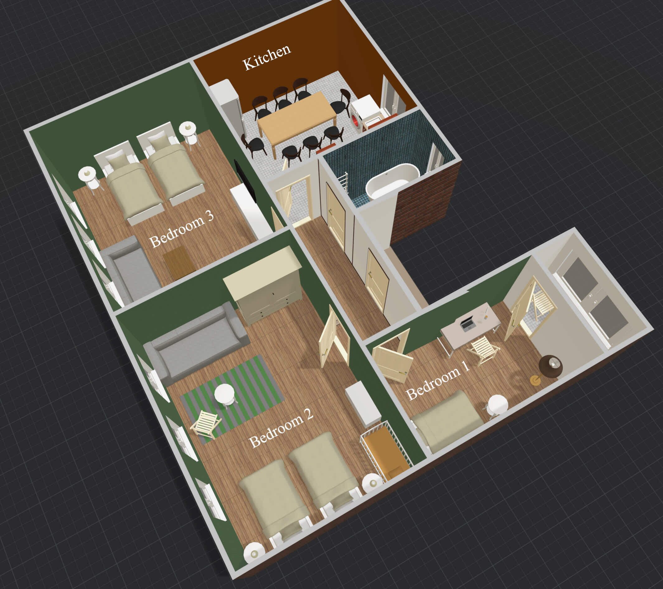 A 3D floor plan of a hotel with three bedrooms, a kitchen, and a bathroom.