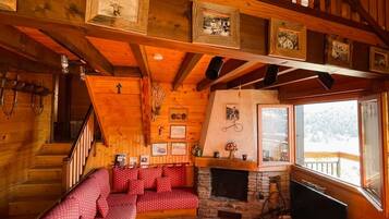 TV connectée, cheminée, table de tennis de table, livres