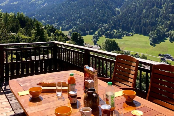 Grande terrasse exposée plein Sud. Table pour 10 personnes et transats