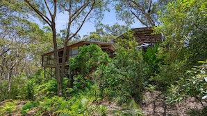 Una casa sull'albero con un'area in legno e una zona coperta, immersa in una fitta foresta.