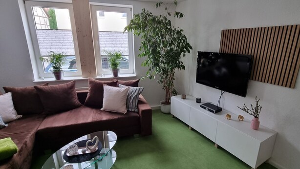 A living room with a brown sofa, a glass coffee table, a white entertainment unit, a large plant, and a flat-screen TV mounted on the wall. - Ferienwohnung Simon Platz für bis zu 4 Personen. Haustierfreundlich! (Diemelstadt)