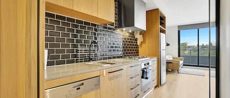 Fridge, microwave, oven, stovetop