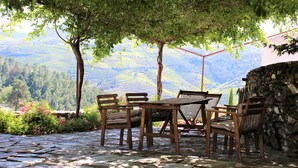 Une terrasse en pierre avec une table et des chaises, entourée de verdure et d’un mur de pierre.