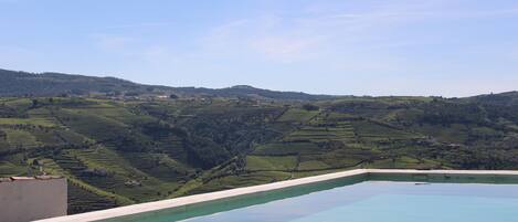 A pool with a view of terraced fields and a clear sky.
