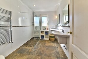 Ducha, secador de pelo, toallas y papel higiénico