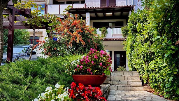 A pathway leading to a building with a stone-tiled entrance, surrounded by lush greenery and flowering plants. - Apartment Irena (Pula)