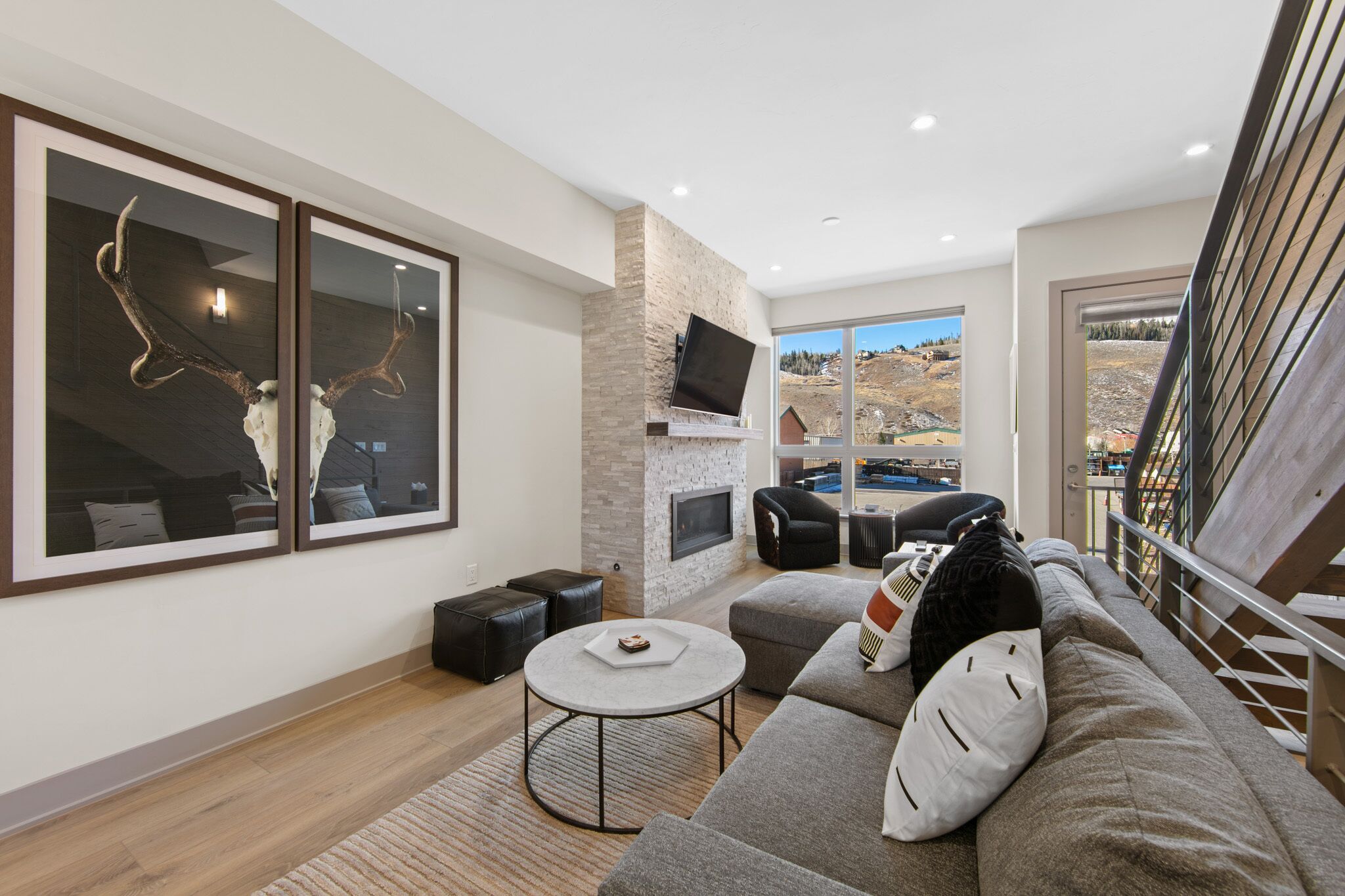 TV connectée, cheminée, livres