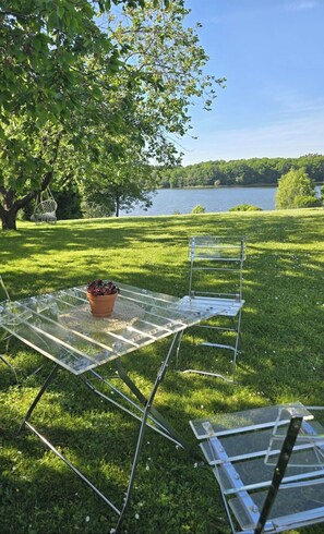 A clear glass table with metal chairs and a potted plant in a grassy area with a lake view.